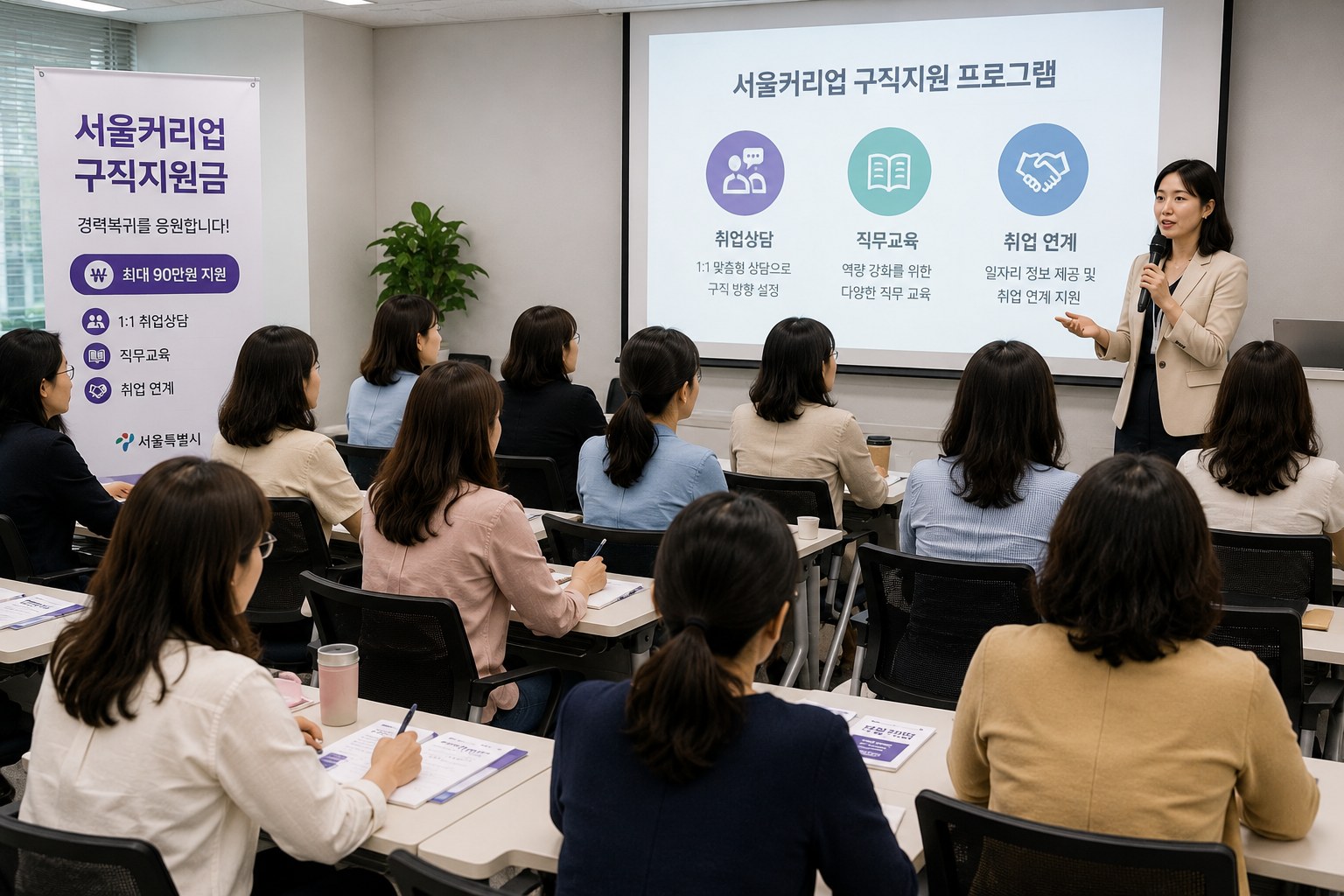 서울커리업 구직지원금 취업 연계교육에서 경력복귀를 준비하는 여성들이 직무교육 강의를 경청하는 모습