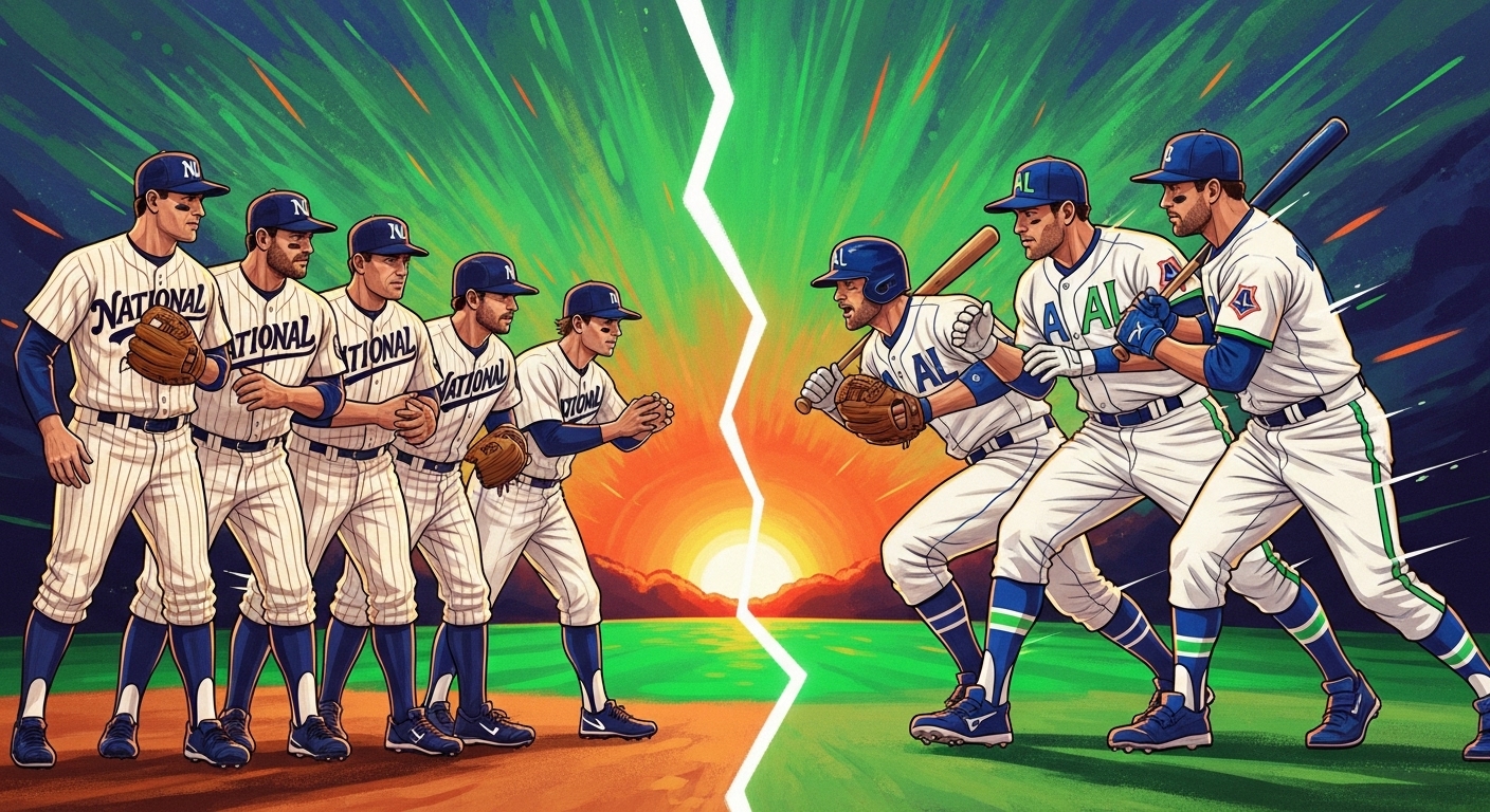 내셔널리그와 아메리칸리그 팀들이 경쟁하는 모습을 상징하는 일러스트. 두 리그의 치열한 대결 구도.
