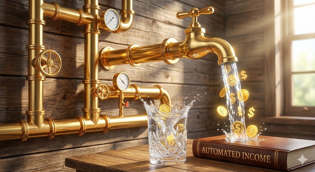 황금색 파이프라인(ETF 포트폴리오)이 완성되어, 수도꼭지를 틀자 맑은 물(현금)이 콸콸 쏟아져 나와 컵(통장)을 가득 채우는 모습