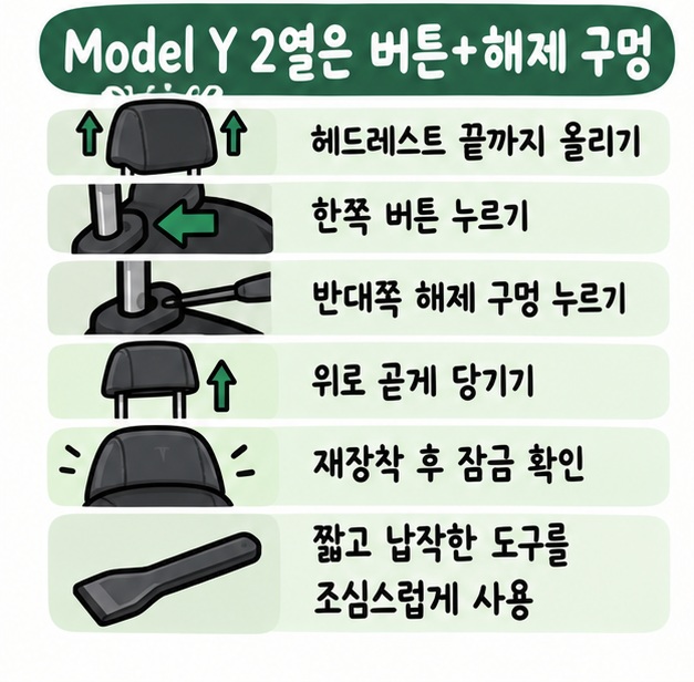 Model Y 2열 헤드레스트를 끝까지 올리고 한쪽 버튼과 반대쪽 해제 구멍을 누른 뒤 위로 빼는 순서를 보여주는 카드