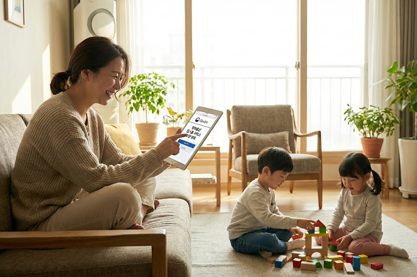 거실 소파에 편안히 앉아 태블릿 PC로 '정부24' 모바일 페이지의 '행복출산 원스톱 서비스' 화면을 터치하며 미소 짓는 한국인 여성.