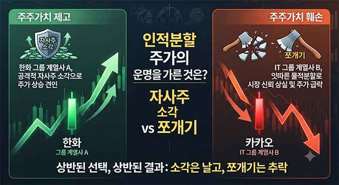자사주 소각과 물적분할의 주가 명암을 대비시킨 인포그래픽.