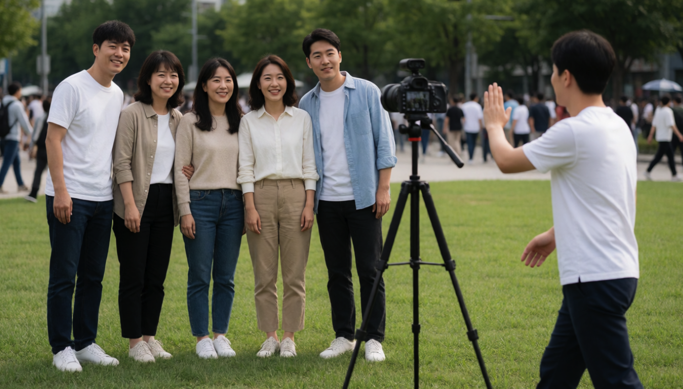 공원 잔디밭에서 다섯 명이 카메라 앞에 서고 한 사람이 촬영하는 단체 사진