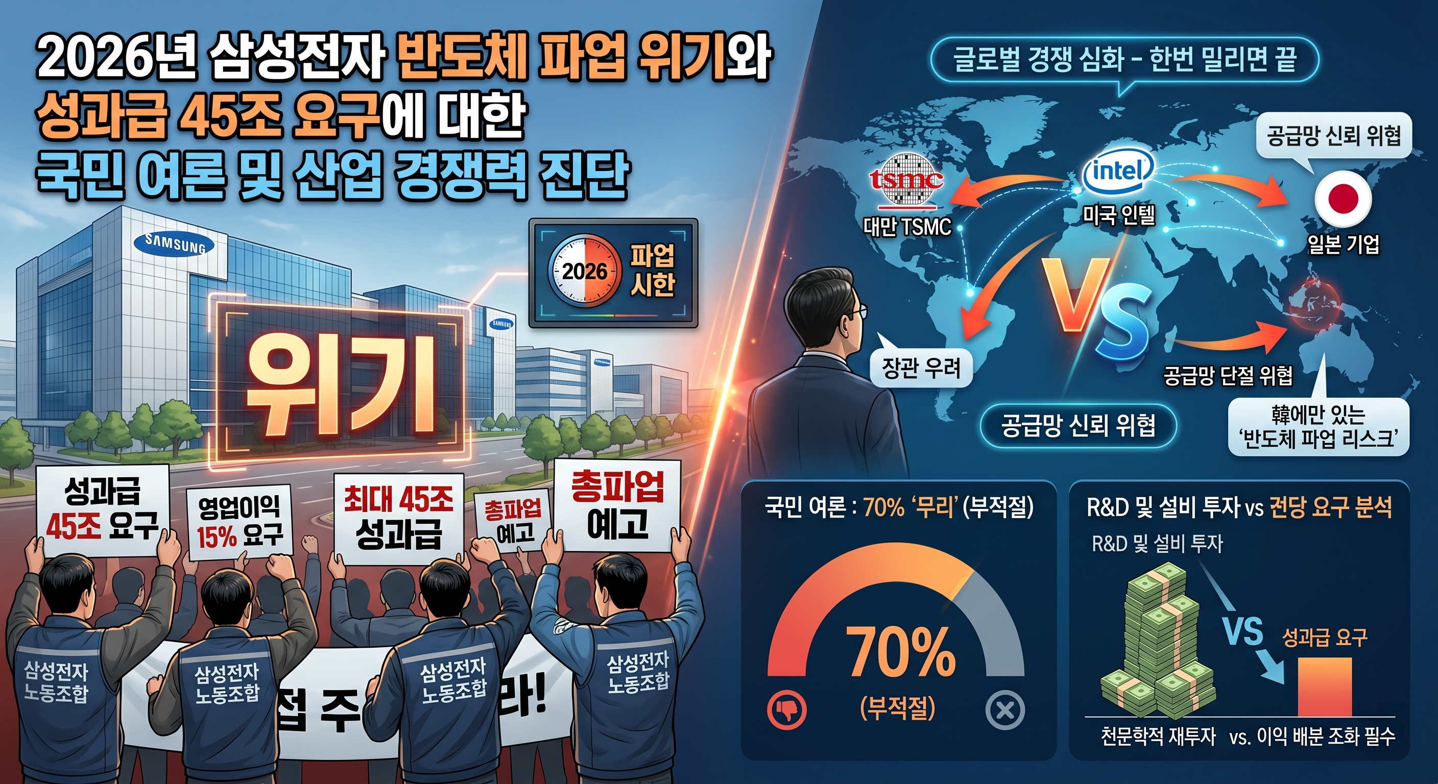 2026년 삼성전자 반도체 파업 위기와 성과급 45조 요구에 대한 국민 여론