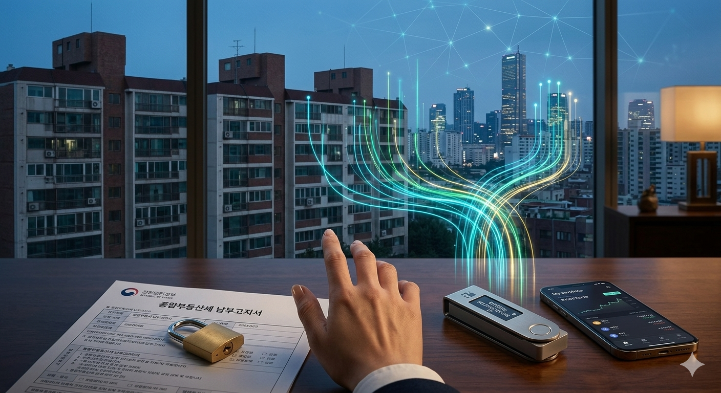 한국 부동산 세금 고지서와 비트코인 디지털 자산을 비교하는 3D 저울 일러스트