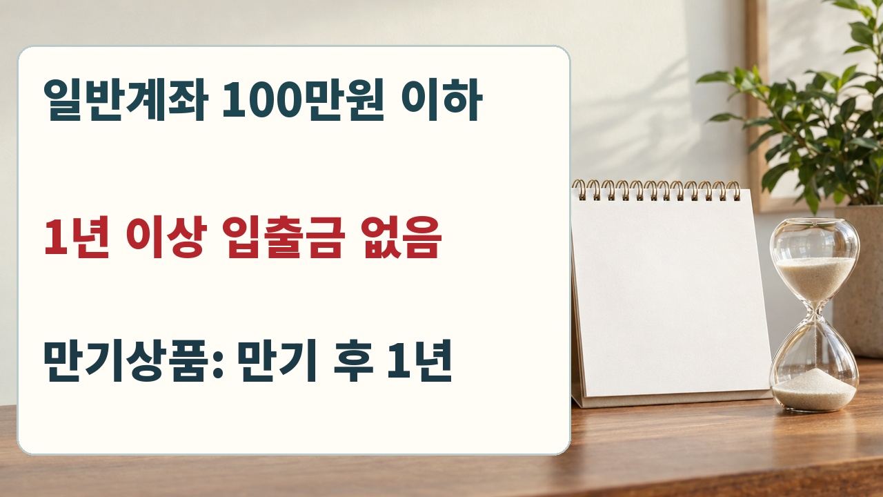 일반계좌 해지 기준은 잔고 100만원 이하와 1년 이상 무거래이며 만기상품은 만기 후 기준이라는 안내