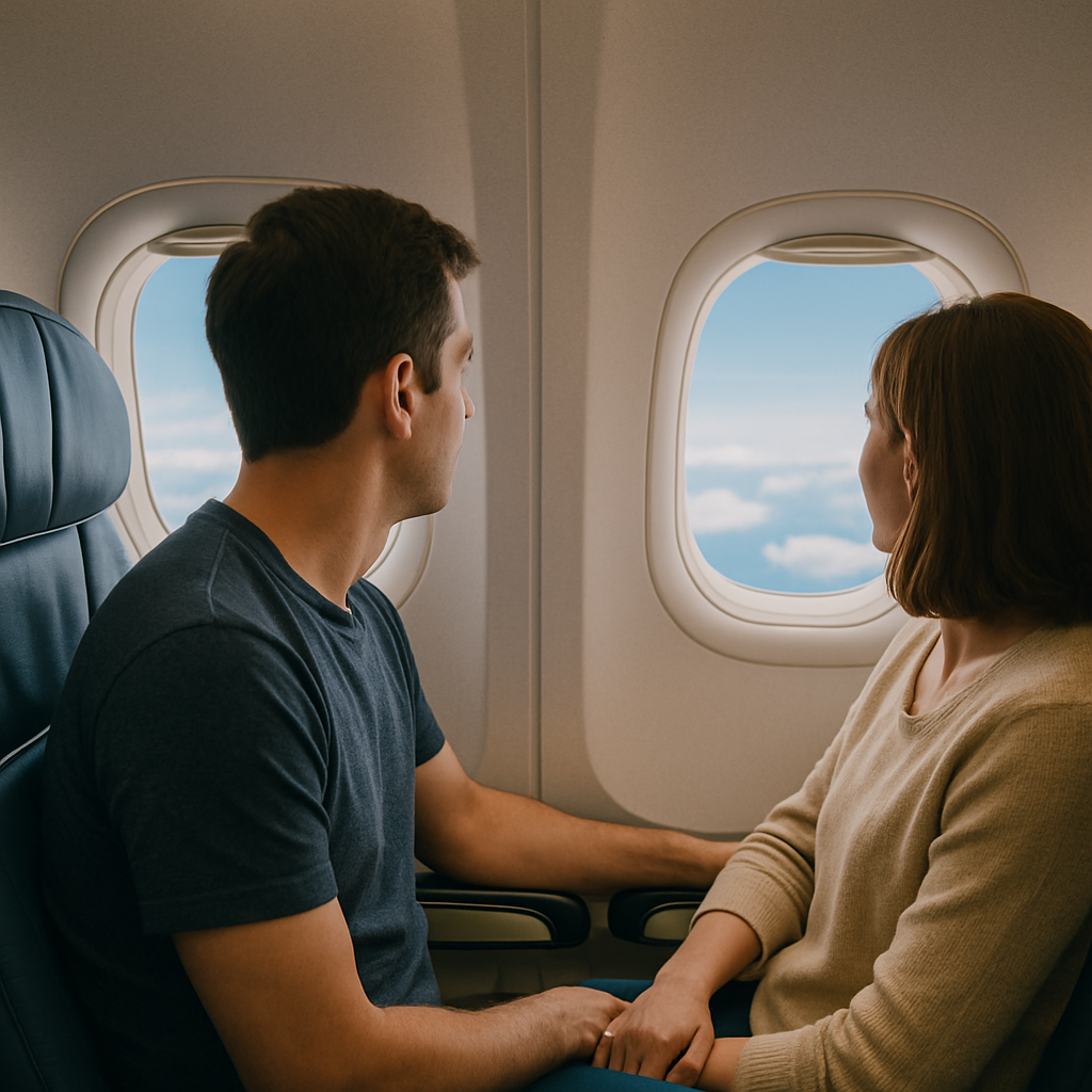 비행기 좌석에 나란히 앉아 넓은 창으로 밖을 바라보는 남녀 – 편안한 분위기 속 밝은 하늘과 구름 풍경