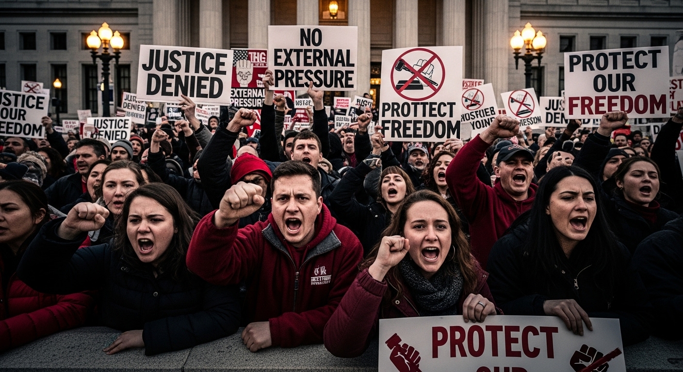 법원 앞에서 '정의 부정' 등의 강한 구호를 외치며 항의하는 시위대의 격렬한 모습. 보수 진영의 분노와 비판을 상징합니다.