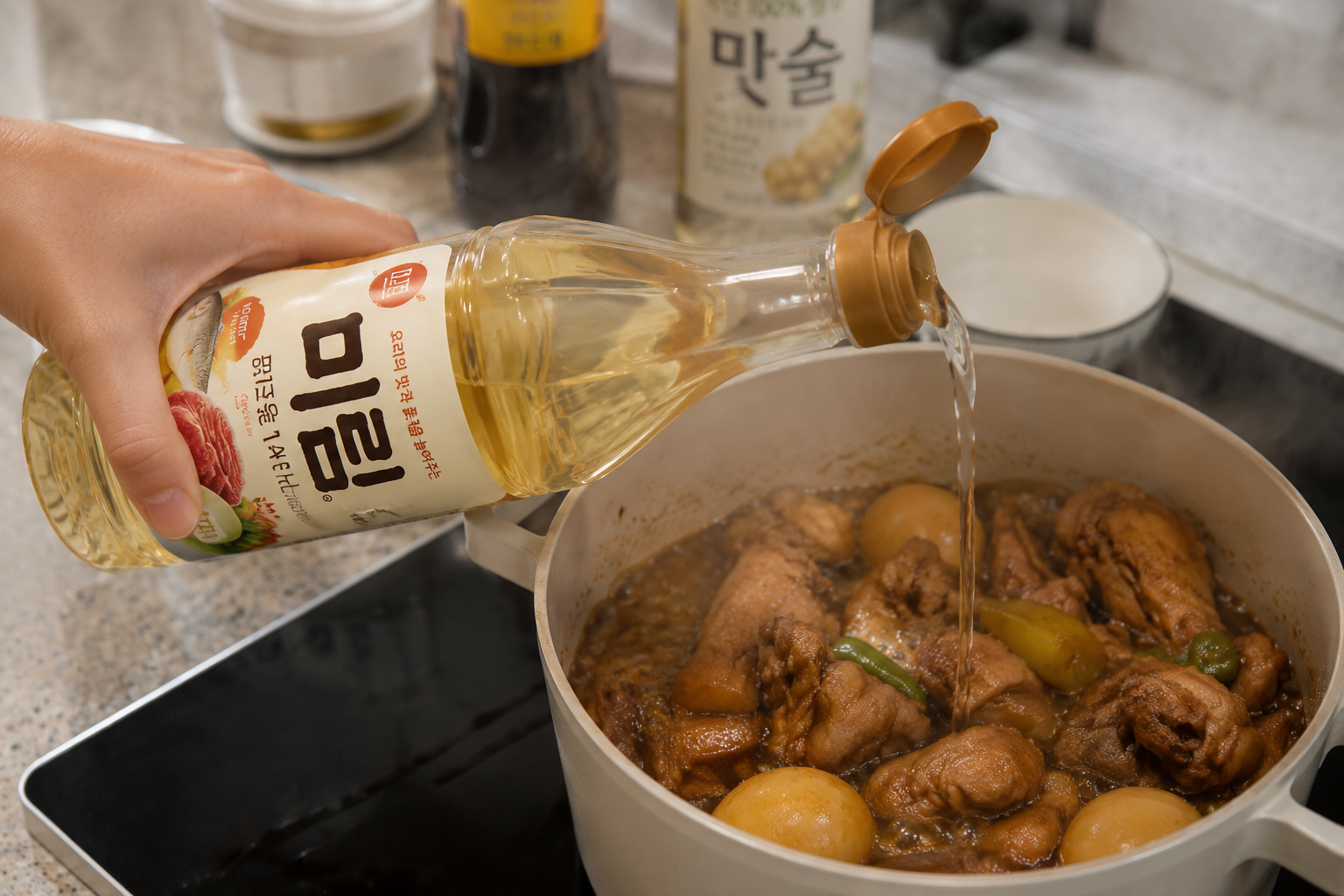 냄비에서 조림 요리에 미림을 넣는 장면, 김 올라오는 자연스러운 조리사진.