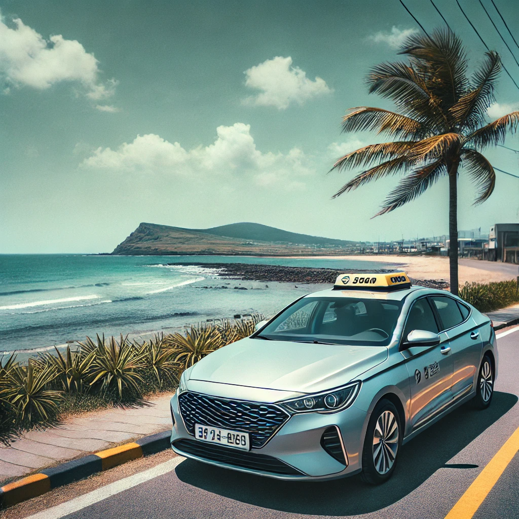제주도 해변 근처에 주차된 렌터카, 모던한 세단과 바다가 어우러진 풍경