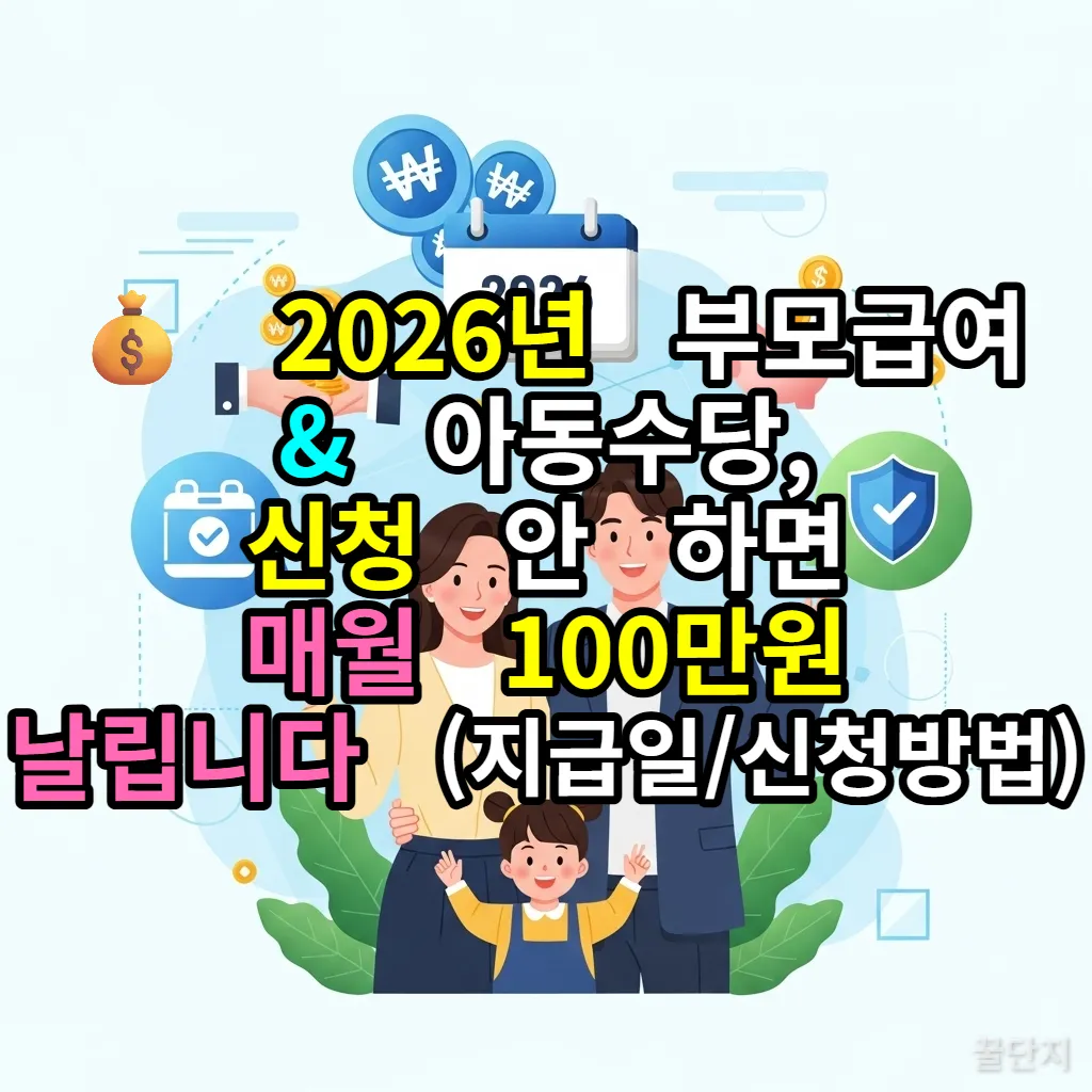 2026년 부모급여 및 아동수당 정책 요약 인포그래픽, 행복한 한국 가족의 모습