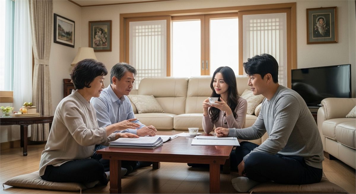 가족이 함께 정년과 연금 계획을 논의하는 식탁 전경 