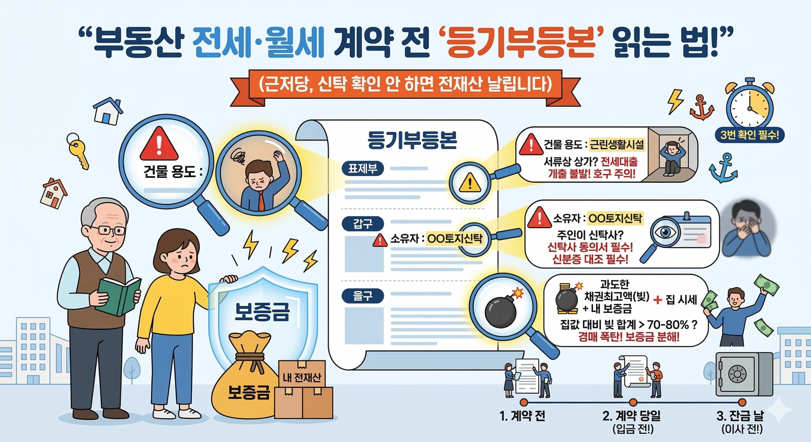 “부동산 전세·월세 계약 전 ‘등기부등본’ 읽는 법!”이라는 제목의 인포그래픽 만화 일러스트입니다. 제목 아래 빨간색 리본에는 “(근저당, 신탁 확인 안 하면 전재산 날립니다)”라고 적혀 있습니다.
이미지 중앙에는 ‘등기부등본’이라고 적힌 문서가 있고, 이 문서는 ‘표제부’, ‘갑구’, ‘을구’ 세 부분으로 나뉘어 각 부분에 돋보기가 초점을 맞추고 있습니다.
왼쪽에는 안경을 쓰고 책을 든 나이 든 남자(‘도서관장’ 캐릭터)와 걱정스러운 표정의 젊은 여자(임차인)가 서 있습니다. 여자 앞에는 파란색 ‘보증금’ 방패가 달린 커다란 보증금 가방(주황색)이 있고, 그 옆에 박스 더미가 있으며 ‘내 전재산’이라고 적혀 있습니다.
중앙의 등기부등본 문서를 분석하는 세 개의 돋보기는 다음과 같은 핵심 내용을 보여줍니다.
돋보기 1 (표제부): ⚠️ “건물 용도 : 근린생활시설” 부분을 확대하며, 서류상 상가? 전세대출 불발! 호구 주의!라는 설명이 있습니다. 작은 그림에 걱정스러운 사람이 그려져 있습니다.
돋보기 2 (갑구): ⚠️ “소유자 : OO토지신탁” 부분을 확대하며, 주인이 신탁사? 신탁사 동의서 필수! 신분증 대조 필수!라는 설명이 있습니다. 작은 눈 모양 아이콘이 신분증을 응시하고 있습니다.
돋보기 3 (을구): 폭탄 모양 아이콘 옆으로 “과도한 채권최고액(빚) + 집 시세 + 내 보증금”이라는 수식을 확대하며, 집값 대비 빚 합계 > 70-80% ? 경매 폭탄! 보증금 분해!라는 설명이 있습니다. 불이 붙은 검은색 폭탄과 돈을 던지는 남자, 금고가 그려져 있습니다.
오른쪽 상단에는 시계 아이콘 옆에 ‘3번 확인 필수!’라는 텍스트가 있고, 닻과 번개 아이콘이 있습니다.
하단에는 타임라인이 있습니다.
1. 계약 전: 돋보기로 확인하는 사람
2. 계약 당일 (입금 전!): 서류를 확인하는 두 사람
3. 잔금 날 (이사 전!): 금고에서 돈을 꺼내는 사람
배경은 아파트 건물이 있는 도시 풍경입니다. 이 인포그래픽은 등기부등본의 표제부에서 용도를, 갑구에서 소유자를, 을구에서 빚을 확인하여 전세 사기를 예방하고 보증금을 지키는 방법을 시각적으로 설명합니다.