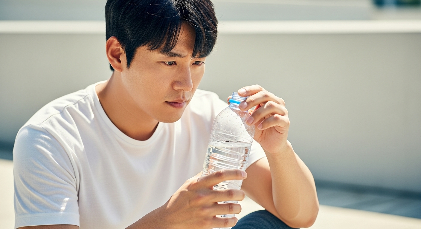 진지한 표정으로 물병을 들여다보는 남성