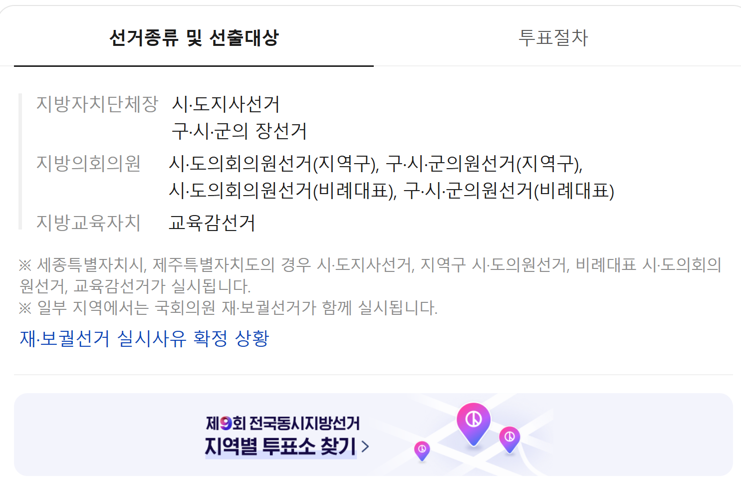제9회 전국동시지방선거 선거종류 및 선출대상 안내 화면