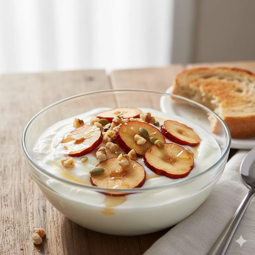 투명한 유리 볼에 담긴 하얀 요거트 위에 잘게 썬 신선한 대추 슬라이스와 견과류가 먹음직스럽게 토핑되어 있습니다. 밝고 상쾌한 아침 식사의 분위기를 연출합니다.