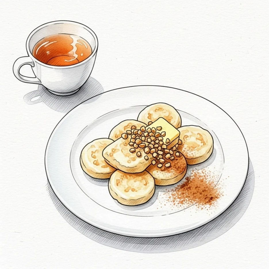 견과류와 시나몬 가루로 장식된 버터떡과 따뜻한 차