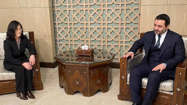 Kim Eun-jeong, director-general for the African and Middle Eastern Bureau of South Korea's foreign ministry, meets with Syria’s interim Foreign Minister Assad al-Shaibani in Damascus on Feb. 7, 2025./South Korean Foreign Ministry