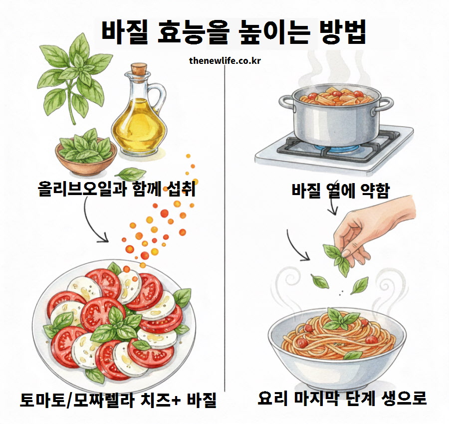 지용성 영양소 흡수를 위해 올리브오일과 결합하여 시너지를 내는 바질 효능 일러스트