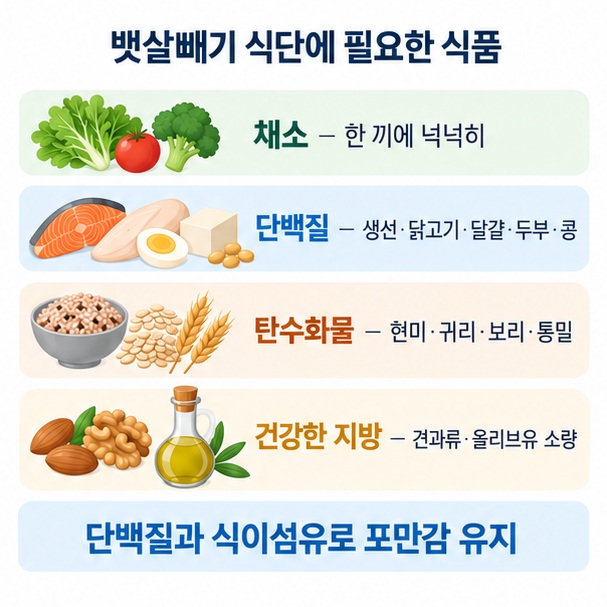 채소 단백질 통곡물 건강한 지방으로 한 끼를 구성하고 현미 생선 두부 채소를 예시로 보여주는 이미지