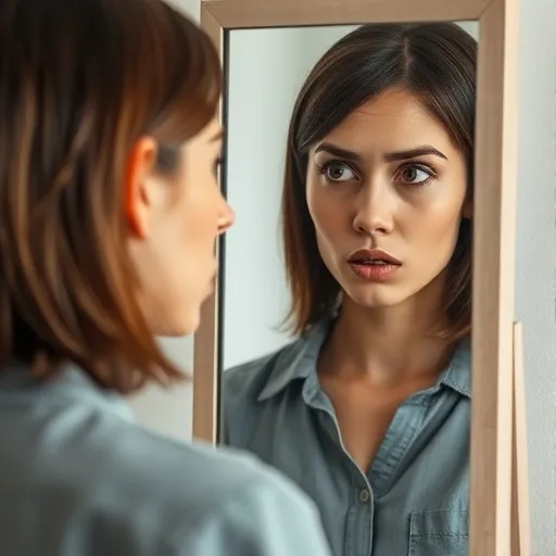 거울을 보며 한쪽 입꼬리나 눈이 처진 자신의 얼굴을 확인하고 놀라는 사람의 모습을 그립니다. 얼굴의 비대칭을 명확하게 보여줍니다.