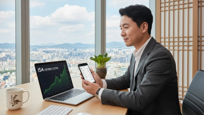 ISA 계좌를 통해 주식 및 ETF에 투자하며 자산을 관리하는 한국인 투자자의 모습. 노트북과 스마트폰 화면에 ISA 계좌와 수익률이 표시되어 있습니다.