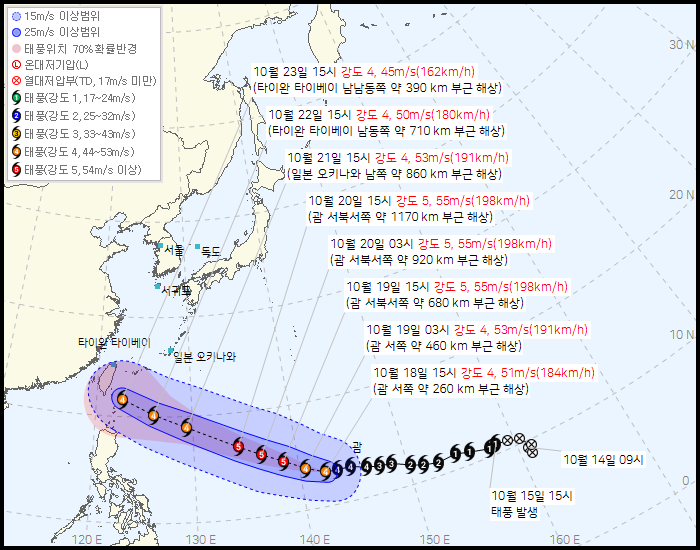 2026년 30호 태풍 참피 기상청 예상 이동 경로 10월 18일 15시 발표 대만 접근 전망