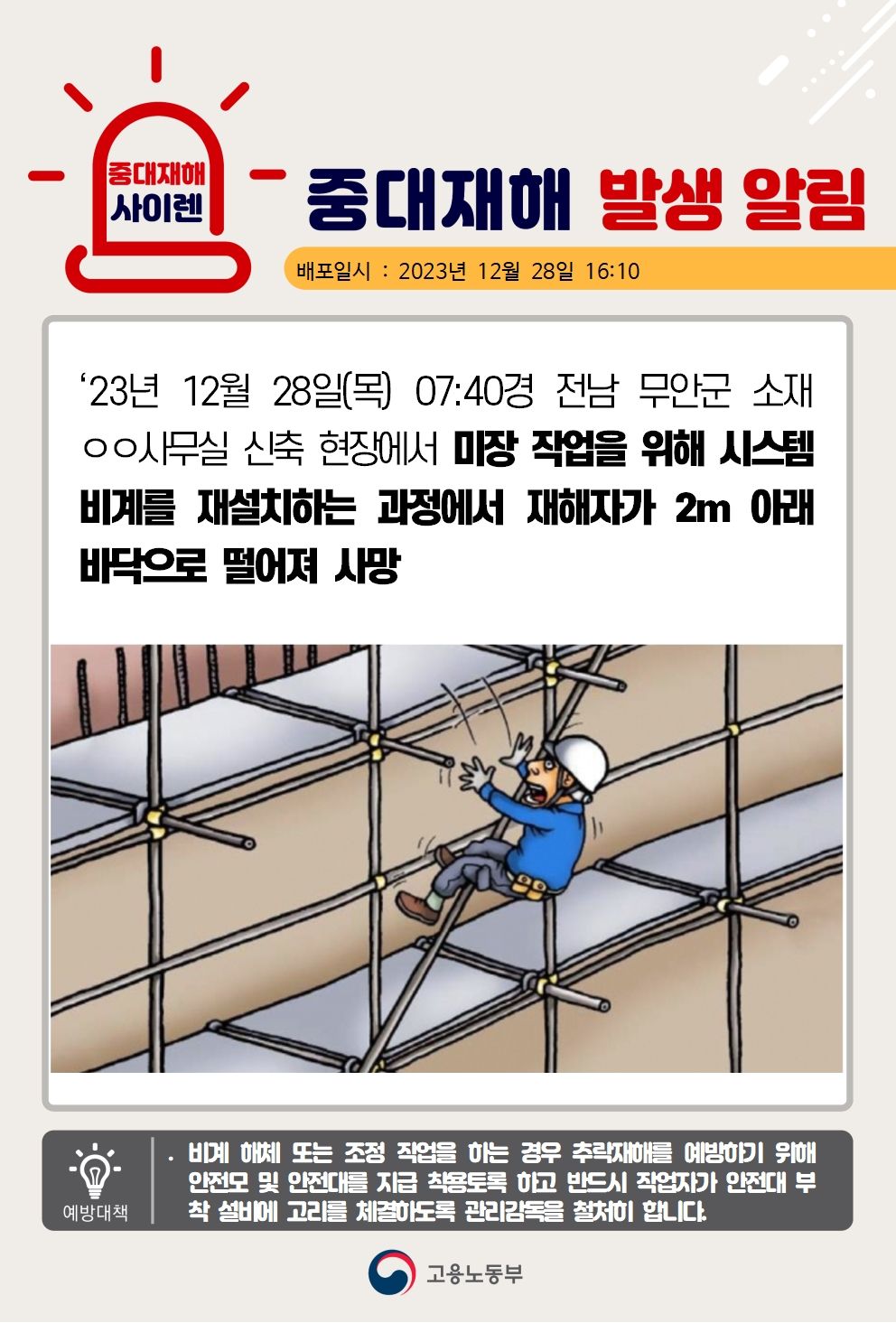 미장작업을 위해 시스템 비계를 재설치하던 중 떨어짐(2m)
