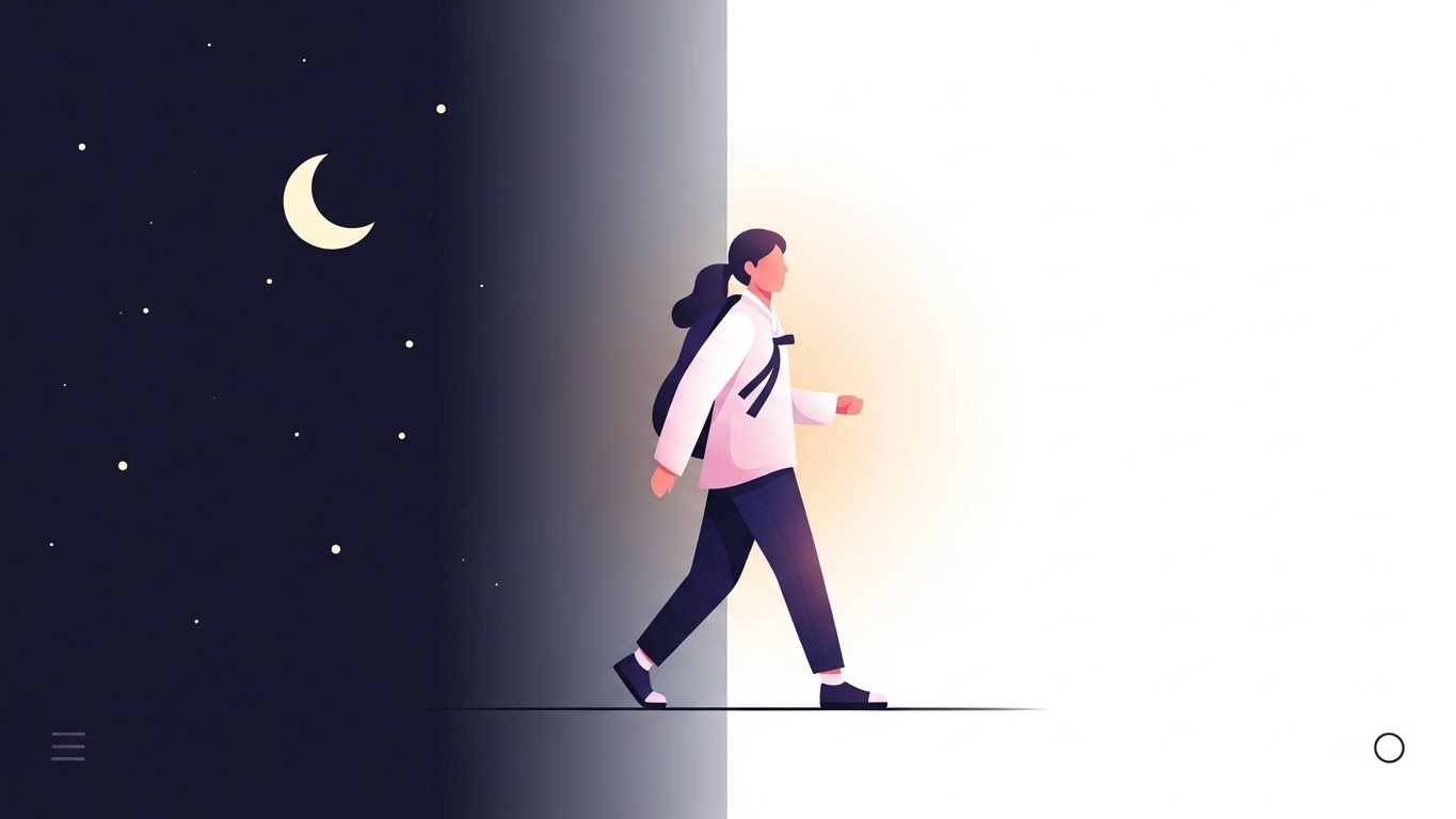 야간을 지나 새로운 방향으로 나아가는 모습, 시작은 지금이 좋습니다.