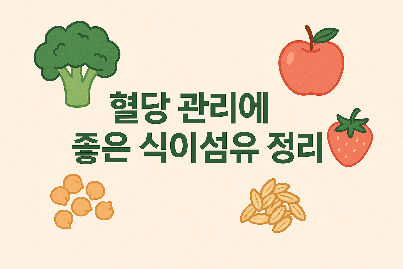 “브로콜리, 사과, 딸기, 병아리콩, 귀리 등의 식이섬유 식품이 일러스트로 배치된 썸네일 이미지. 중앙에는 ‘혈당 관리에 좋은 식이섬유 정리’라는 초록색 굵은 글자가 들어 있으며, 밝은 베이지 배경 위에 건강 정보 콘텐츠 느낌으로 구성된 가로형 디자인 이미지.”