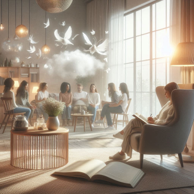 책과 구름, 그리고 꿈의 상징들이 있는 아늑한 방에서 평화로운 순간이 느껴집니다.