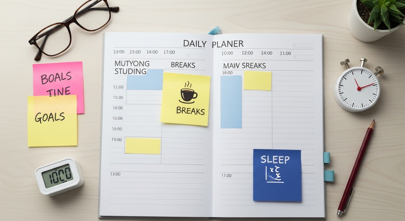 뽀모도로 타이머와 목표 포스트잇이 붙어있는 공부 계획표. 개인 맞춤형 학습 루틴 설계를 상징하는 이미지.
