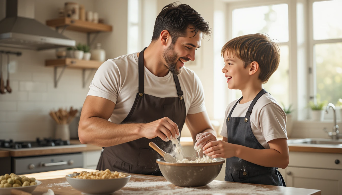 아빠와 아이가 함께 음식을 만드는 모습