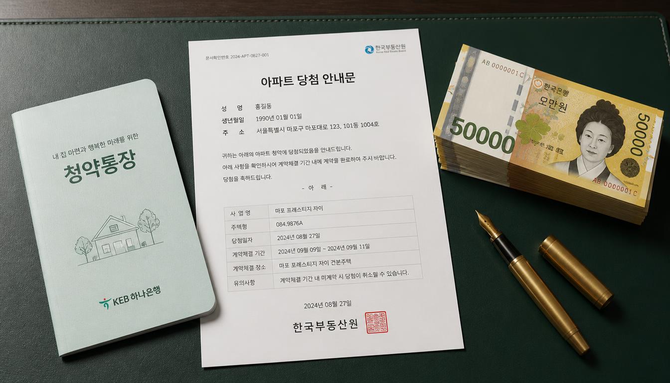 짙은 틸 그린 가죽 데스크 매트 위에 민트색 청년 주택드림 청약통장 종이 통장과 인쇄된 아파트 청약 당첨 안내문, 선명한 대한민국 노란색 5만 원권 신권 지폐 다발, 황동 만년필이 정갈하게 놓여 있는 금융 정물 컷.