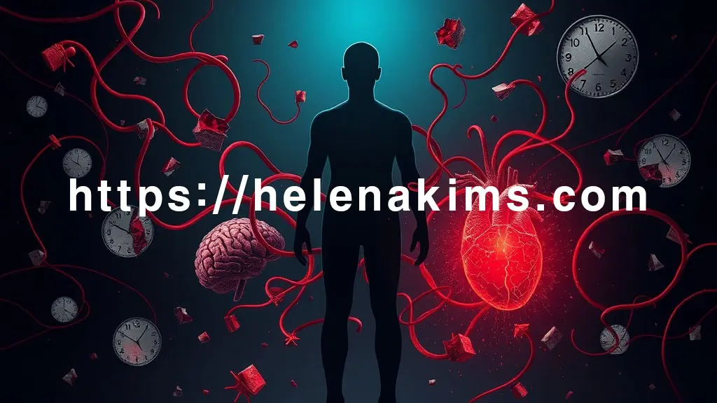 깨끗한 인체 실루엣을 중심으로, 희미하고 어두운 붉은색의 '만성 염증' 촉수가 뇌, 심장, 세포 등에 엉겨 붙어 서서히 파괴하는 모습.