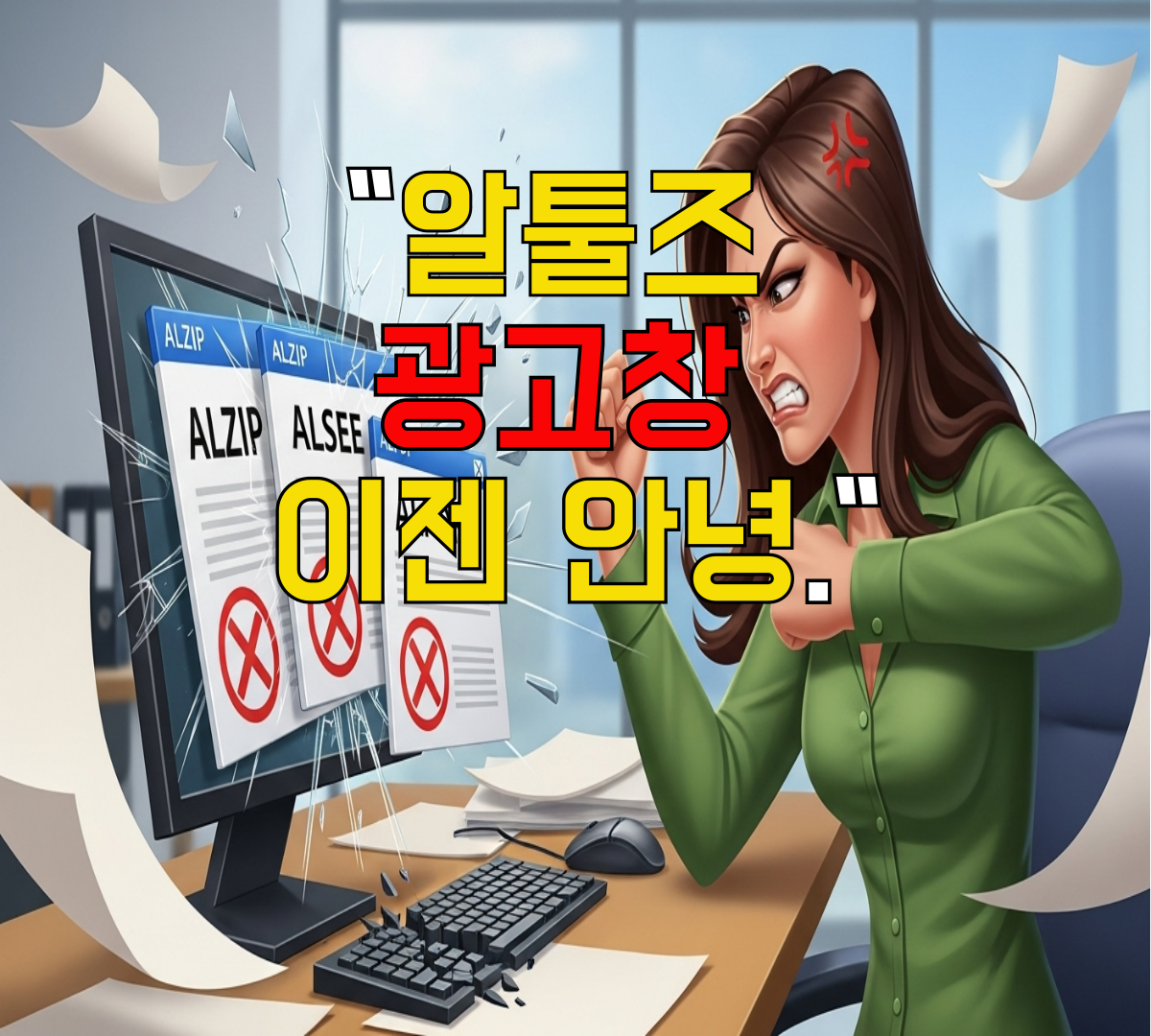 알툴즈 광고창으로 분노하는 사무실 여성, 구글랩 'Whisk'에서 생성