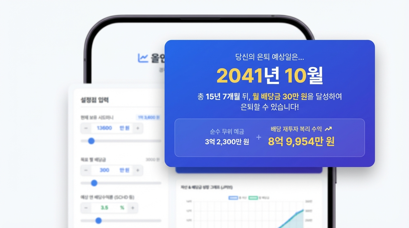 시뮬레이터 화면 우측 상단에 큼직하고 안정감 있게 배치된 파란색 계열의 은퇴 날짜 결과창