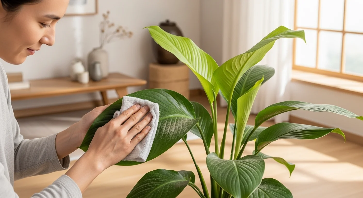 밝은 한국 거실에서 한 사람이 부드러운 천으로 스파티필름의 넓은 잎을 조심스럽게 닦아주고 있는 모습. 식물 관리의 중요성을 나타낸다.