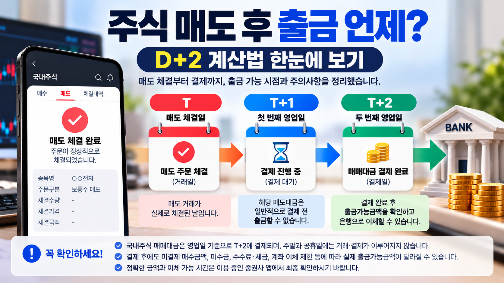 국내주식 매도 후 T일 체결, T+1 결제 대기, T+2 결제 완료 과정과 실제 출금가능금액 확인 방법을 설명한 이미지