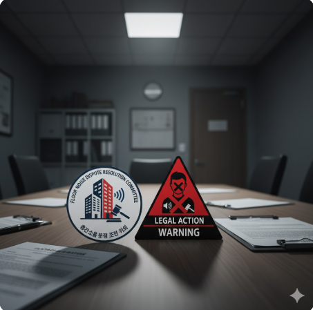 층간소음 분쟁 조정 위원회 로고와 법적 조치 경고 아이콘