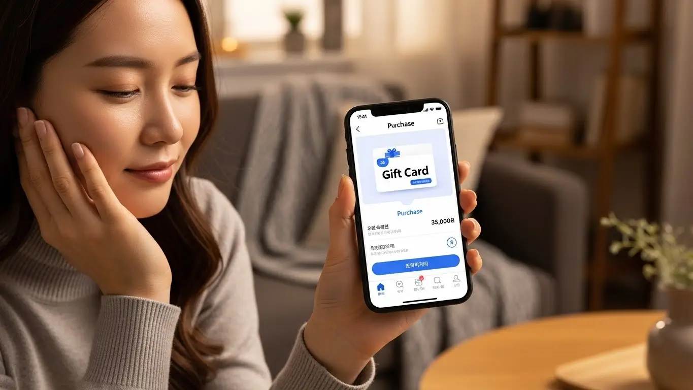 스마트폰으로 안전한 상품권 구매 루트를 검색하며 안도하는 사용자의 모습