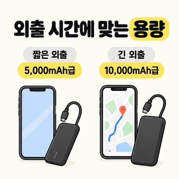 짧은 외출은 5,000mAh급, 긴 외출은 10,000mAh급으로 나누고 일반 화면과 지도 화면의 스마트폰 옆에 보조배터리를 배치한 용량 선택 이미지