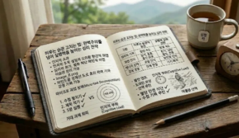 미루는 습관을 끊어내고 실행력을 높이기 위해 과업을 마이크로 단위로 쪼개어 수첩에 기록하고 체크하는 필자의 멘탈 관리 수첩 사진