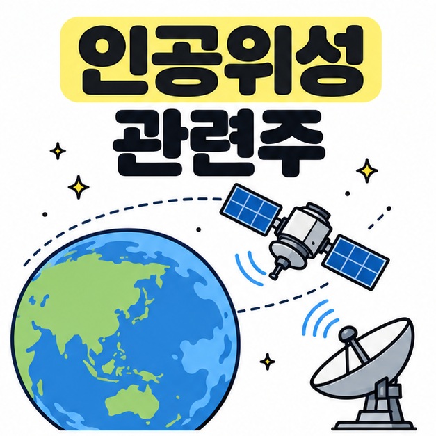 지구를 도는 인공위성과 안테나 그림 옆에 인공위성 관련주 제목을 크게 표시한 카드