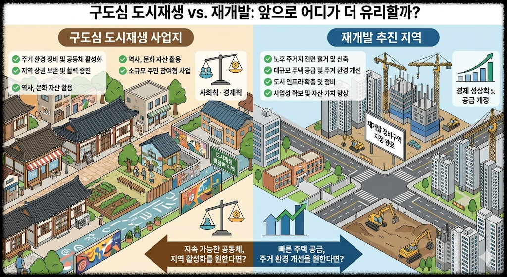 구도심 도시재생 사업지와 재개발 추진력 비교, 앞으로 어디가 더 유리할까