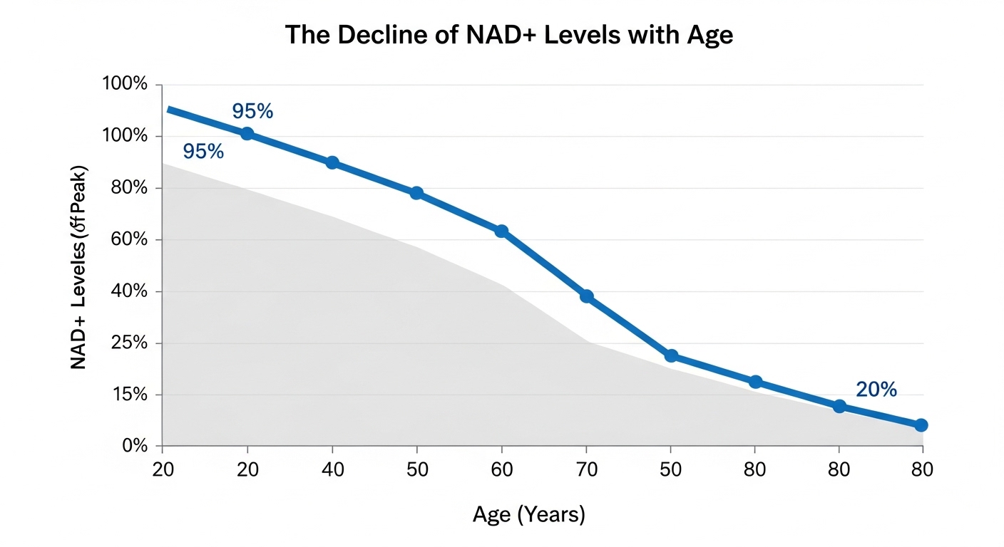 나이에 따른 NAD+ 수치의 급격한 감소를 보여주는 직관적인 그래프