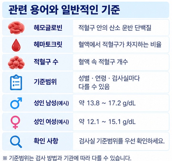 헤모글로빈 검사에서 검사실 기준범위와 적혈구 수 헤마토크릿을 함께 확인하는 방법을 보여주는 이미지