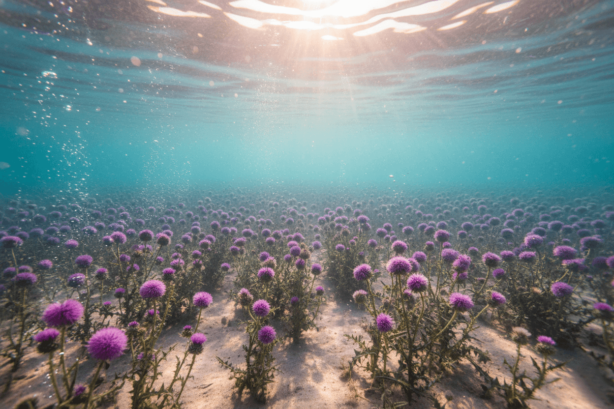 맑은 푸른 바닷속 바닥에 보라색 밀크씨슬 꽃들이 꽃밭처럼 펼쳐져 있고, 수면에서 내려오는 햇빛이 비치며 기포가 떠오르는 몽환적인 해저 간 건강 컨셉 이미지