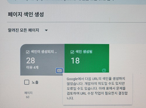 "Google Search Console의 페이지 확인 화면으로, 인덱싱된 총 페이지 수 28건 중 유효한 페이지 18건이 표시된 화면"