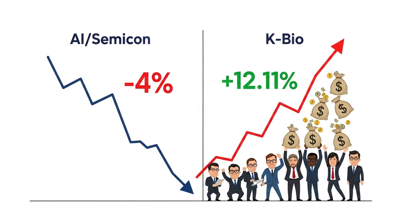 'AI/반도체(-4%)' 떡락 그래프와 'K-바이오(+12%)' 떡상 그래프가 교차하고, '외국인/기관'이 K-바이오를 싹쓸이하는 이미지